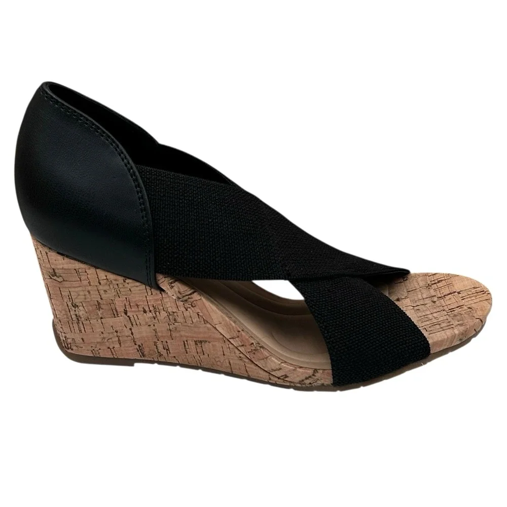 Kenneth Cole Gelena Women's Stretch Cork Wedge‎ Sandal Size 9 Black-Tan Open Toe